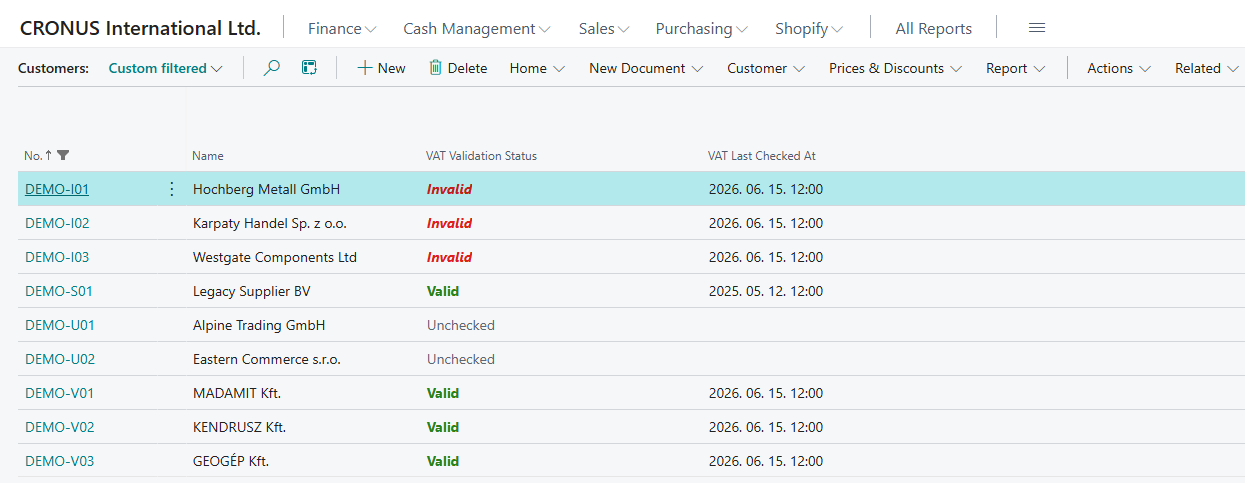 Bulk VAT validation results in Business Central showing valid, invalid and unchecked customers